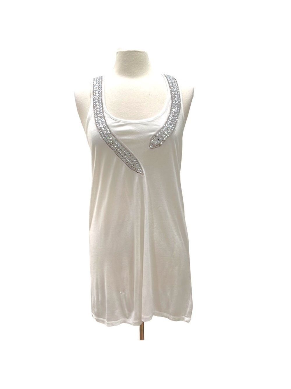 NWT Torn by Ronny Kobo Long White Tank with Rhinestones Racer Back SZ L
